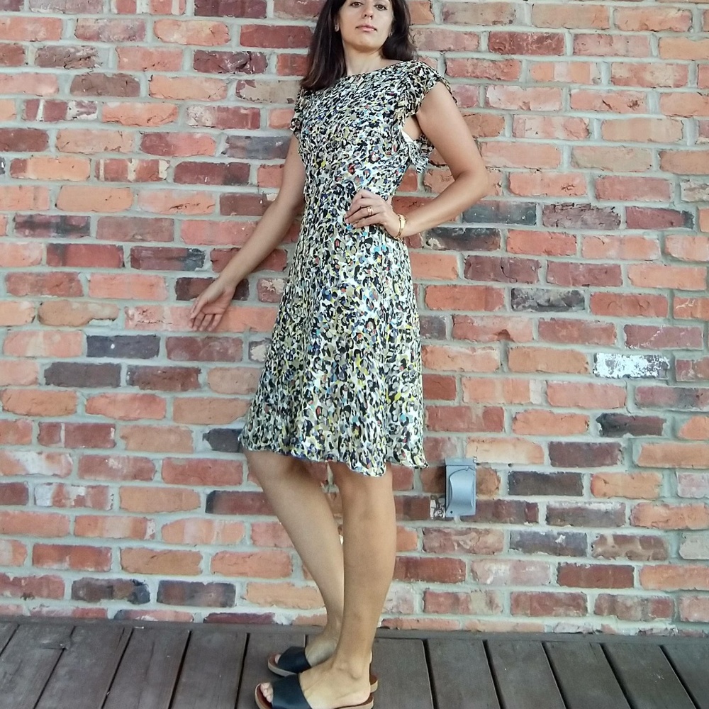 Reiss 100% Silk Multicolor Flutter Sleeve Dress